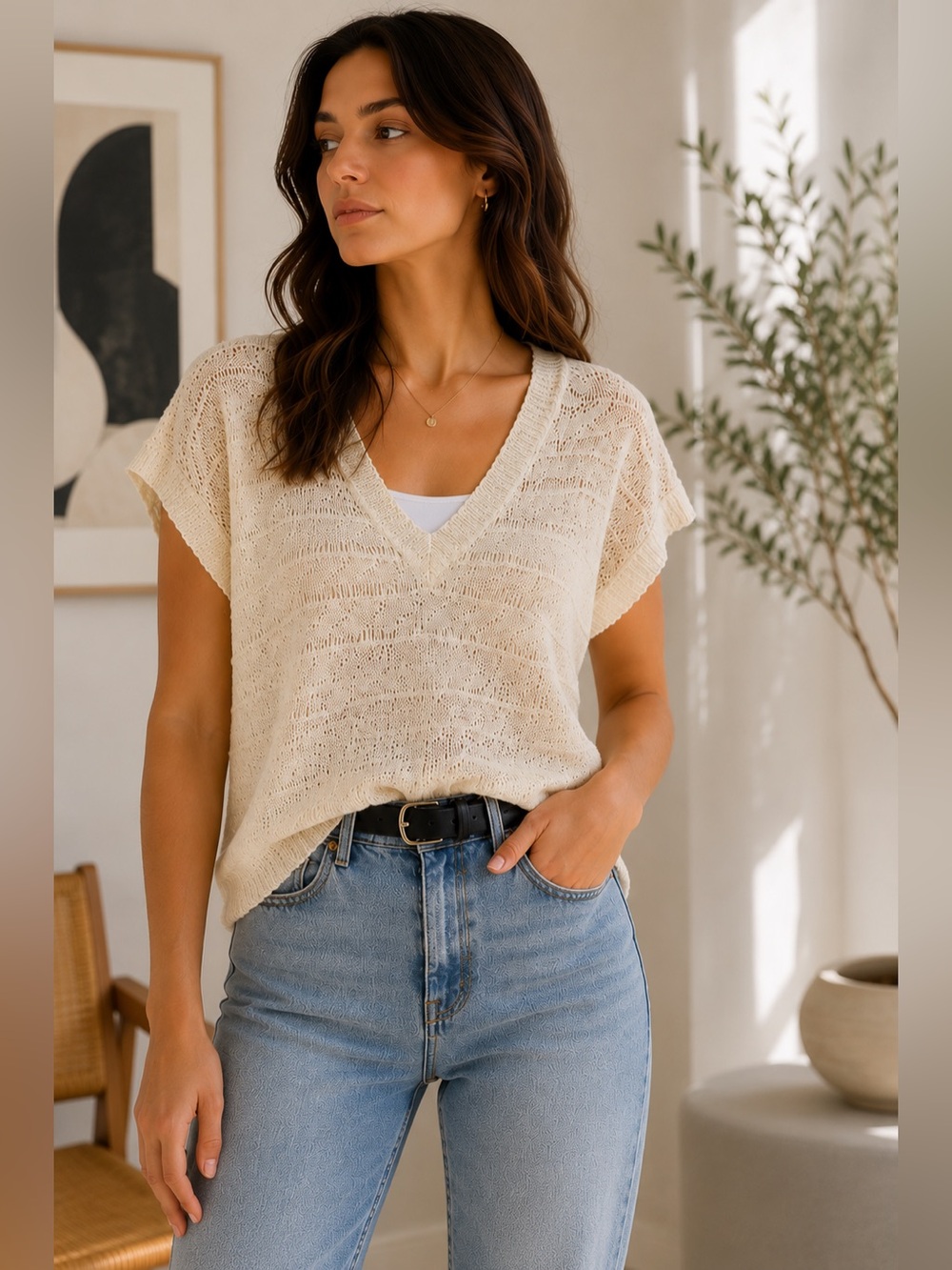 Q2 Spain Cream Crochet Knit V-Neck Sweater Top